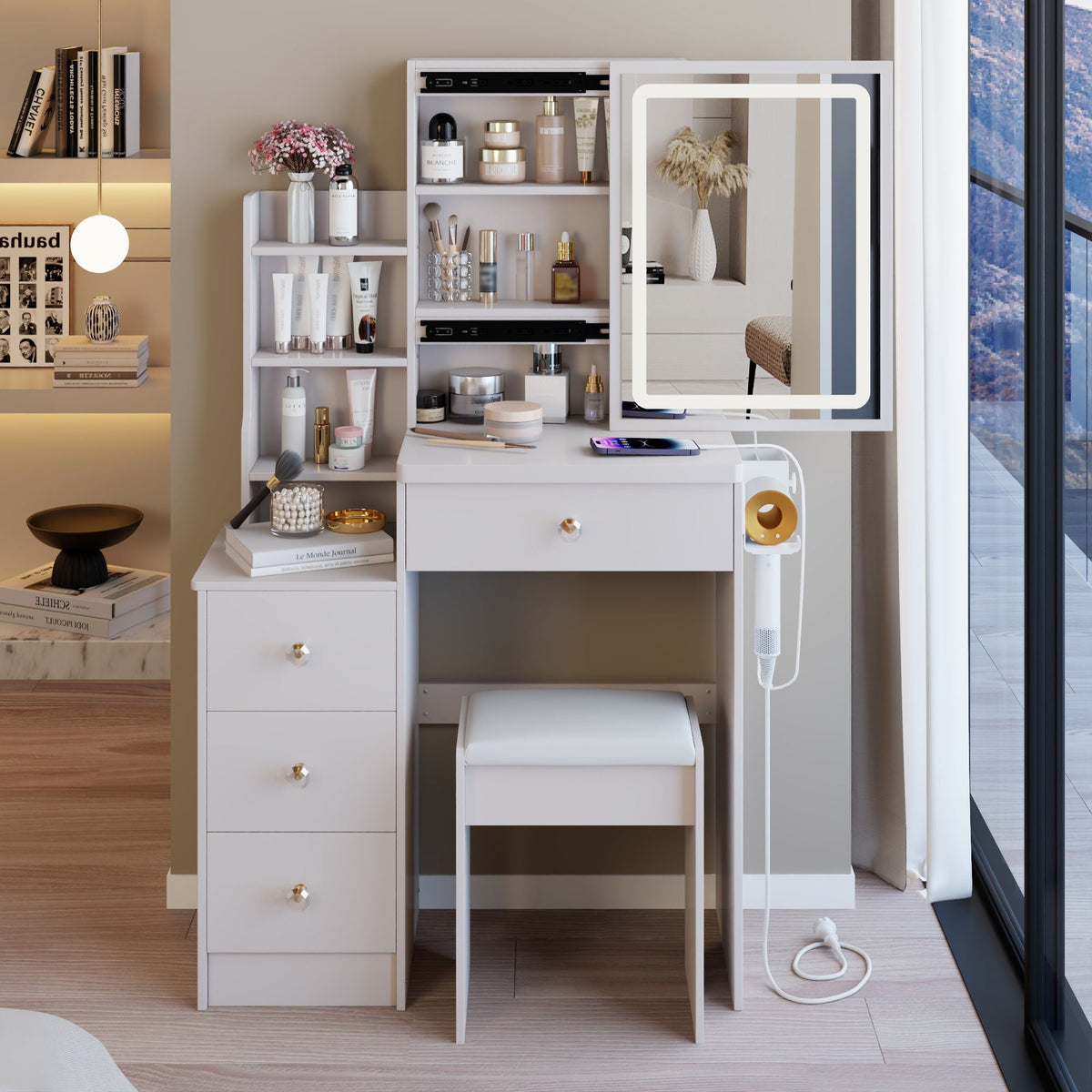 White Vanity Set with USB Power Station and Cushioned Stool