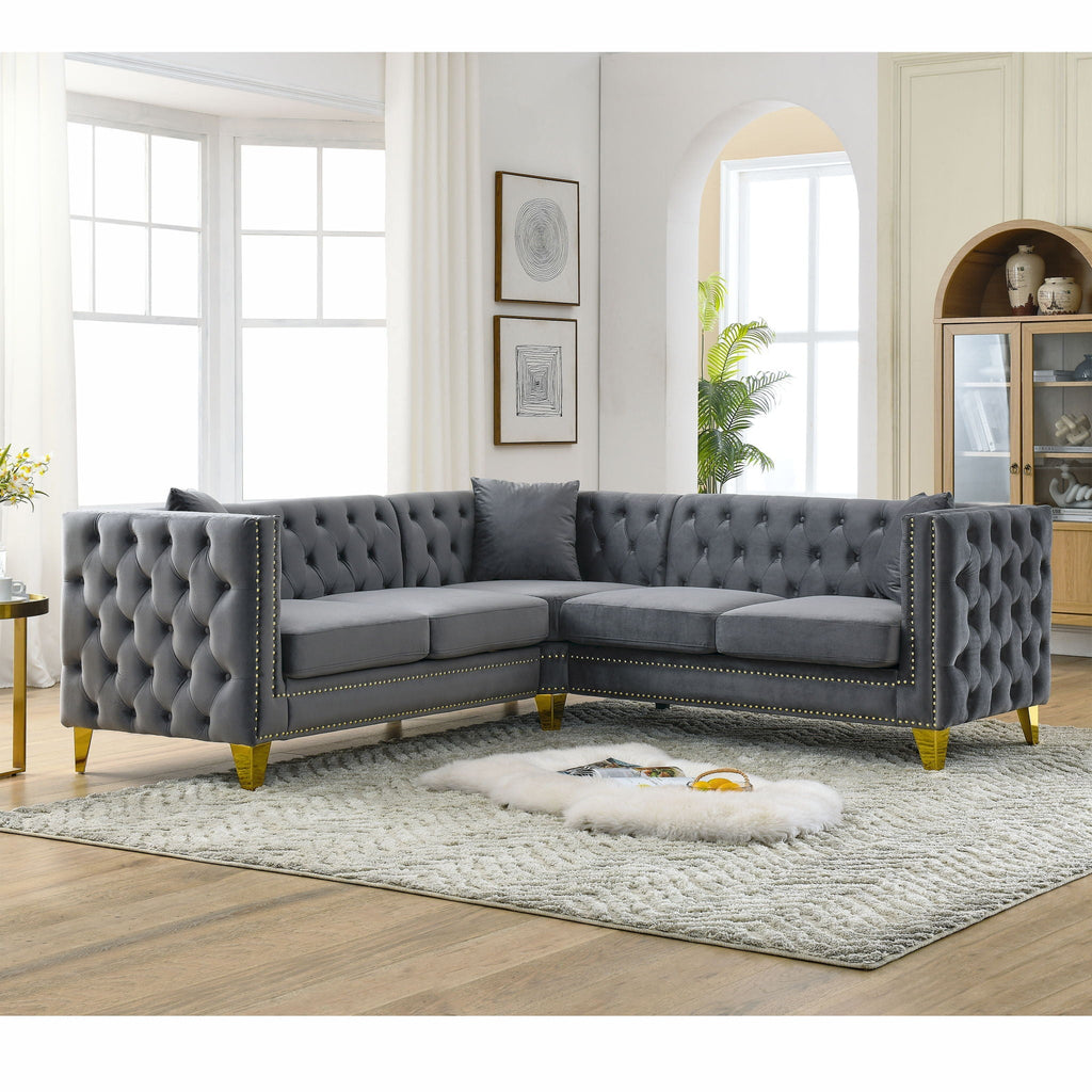 L-Shaped Corner Sofa, 5 Seater Sectional with Tufted Design – Beige or Dark Gray