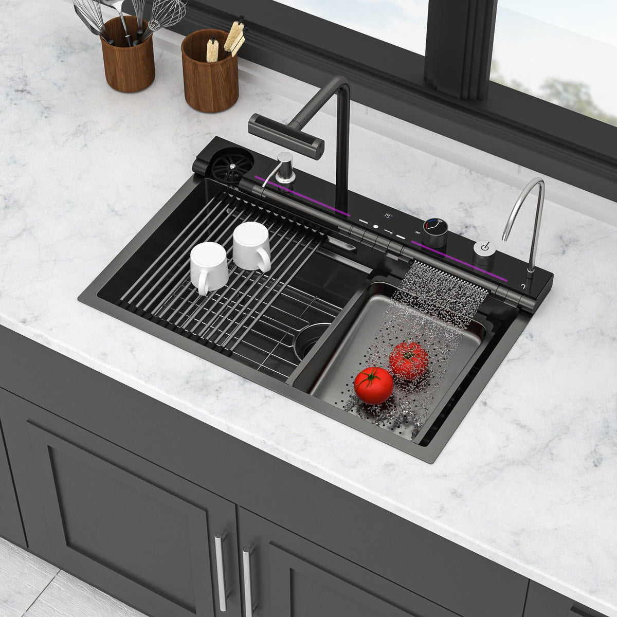30" Single Bowl Kitchen Sink with Smart LED Faucet - Black or Gray