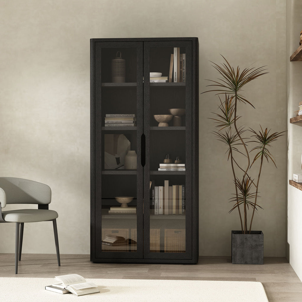 Bookcase Cabinet with Glass Doors and Adjustable Shelves - Light Brown, Dark Brown, Black