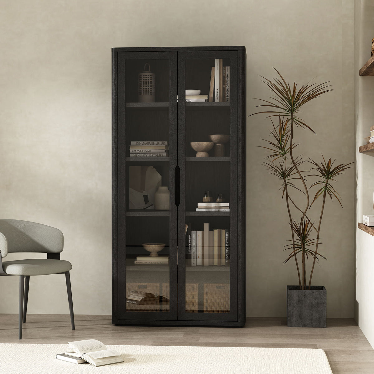 Bookcase Cabinet with Glass Doors and Adjustable Shelves - Light Brown, Dark Brown, Black