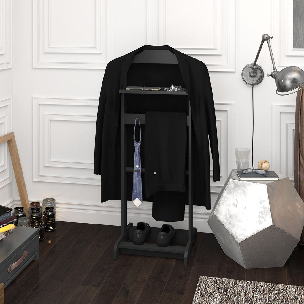 Black Garment Valet Stand with Storage Organizer - Portable Clothes Rack