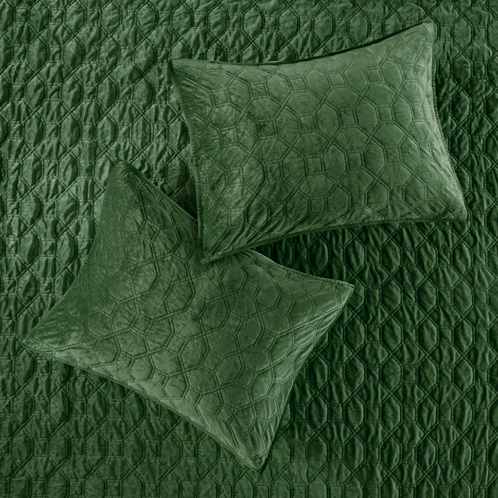 Green 3 Piece Velvet Quilt Set with Antimicrobial Finish