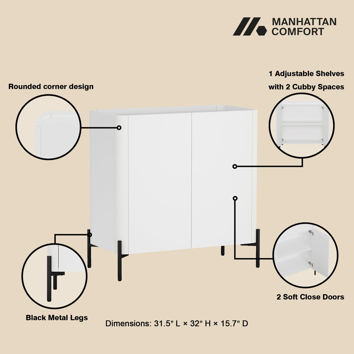 Abbey Accent Cabinet with Soft Close Doors and Rounded Edges - White or Light Brown