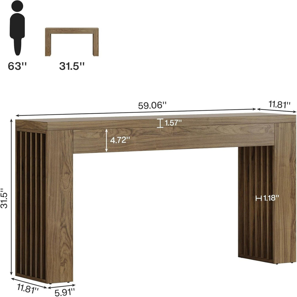 Rustic Brown Console Table with Vertical Slat Legs - Solid Wood & MDF