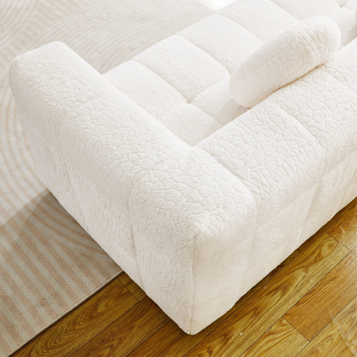 Beige 3 Seater Sofa with Circular Throw Pillows - Lychee-Textured Polyester