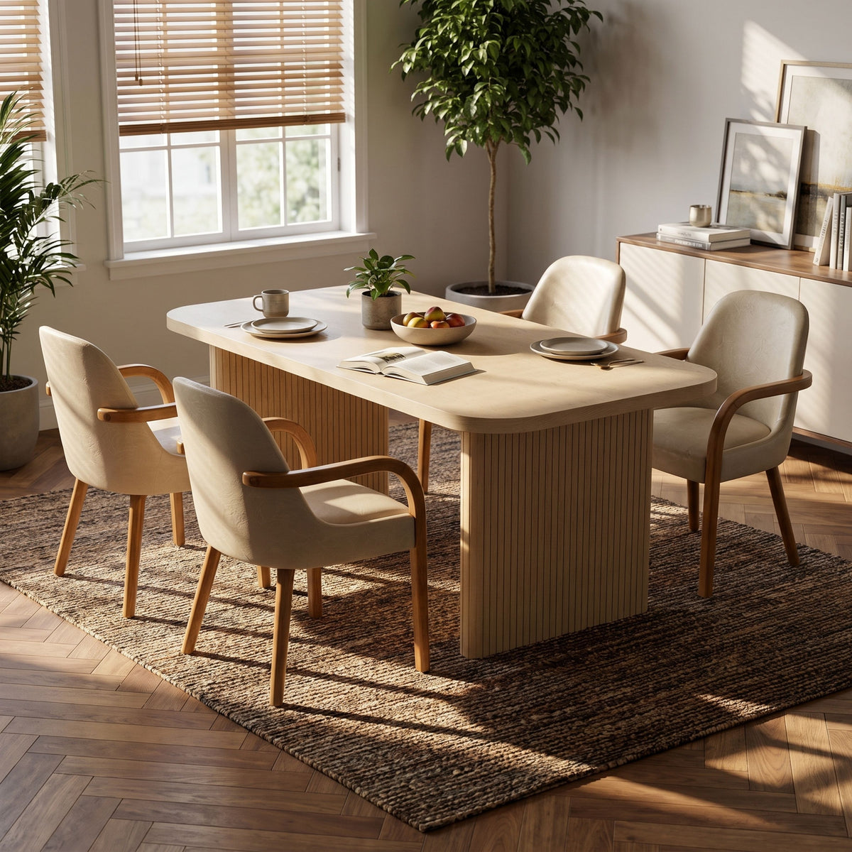5 Piece Indoor Dining Set with Fluted Rubber Wood Table - Khaki PU Chairs
