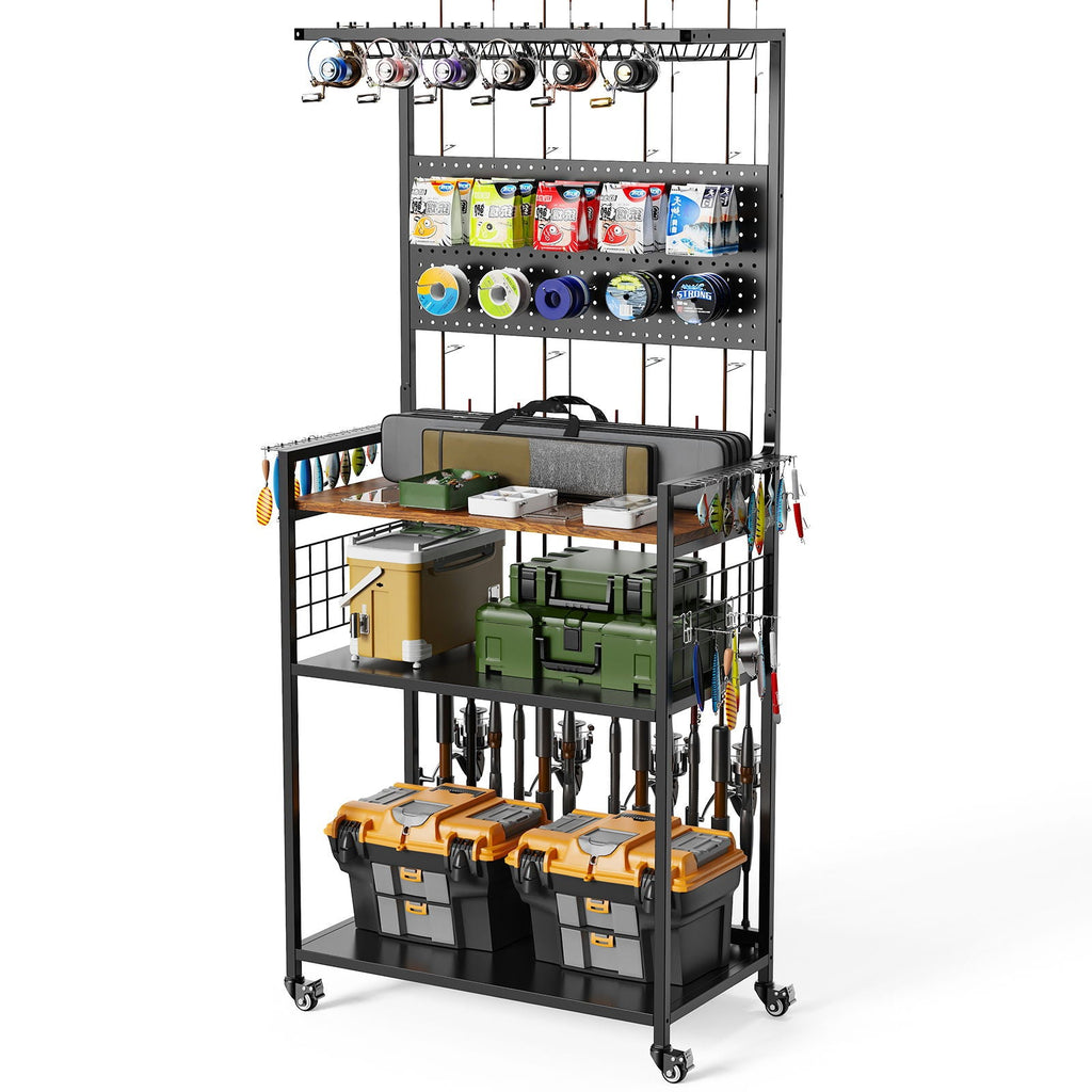 Fishing Rod Storage Rack with Pegboard - Rolling Tackle Organizer Cart - Black
