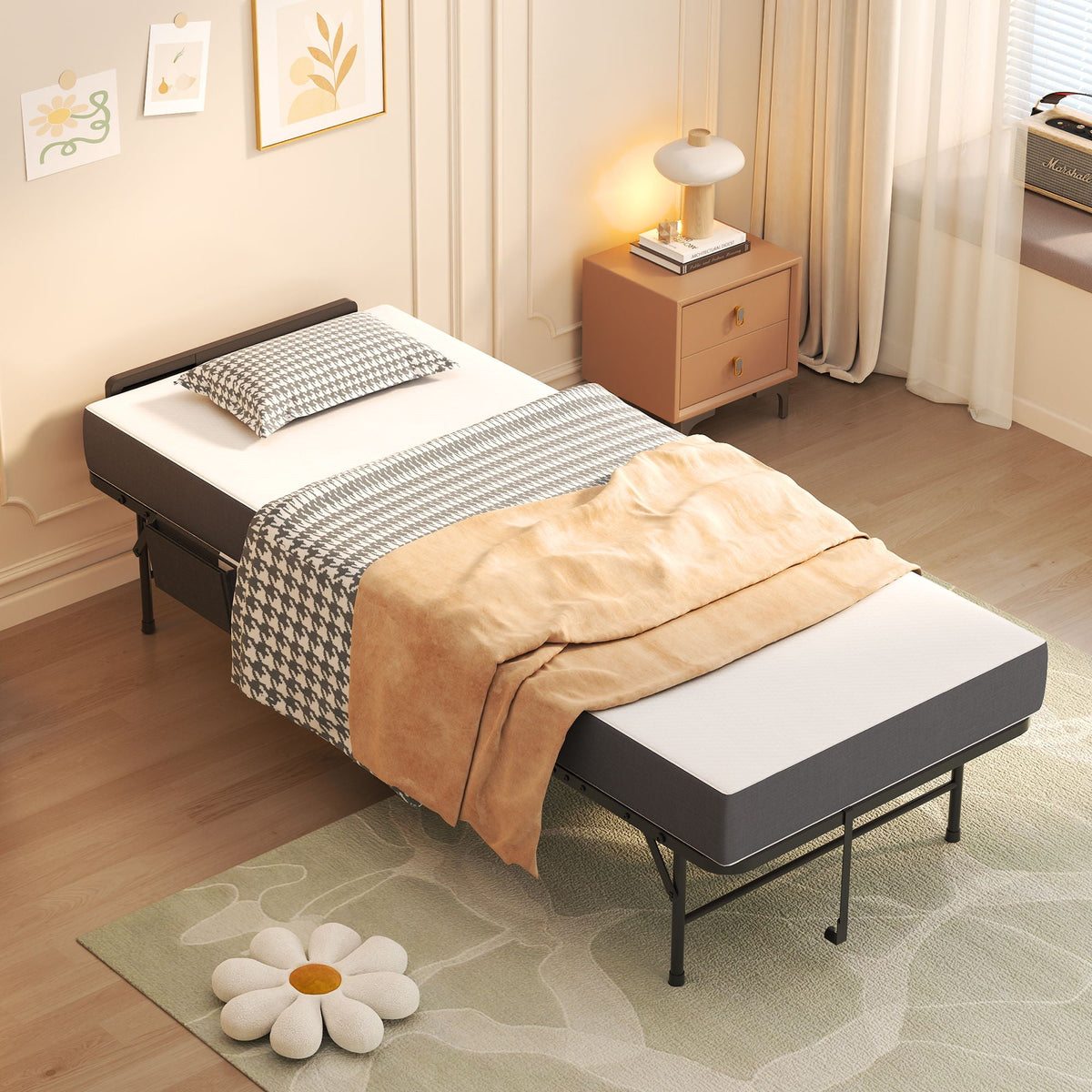 Twin Folding Bed with Adjustable Headboard & Memory Foam Mattress - Black