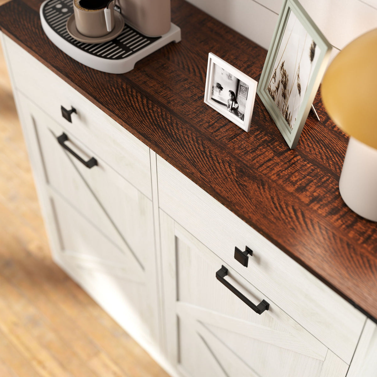 Double Tilt Out Trash Cabinet with Hideaway Drawer - Barn Door Style