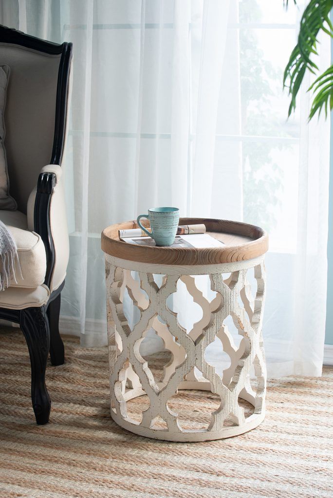 Rustic Round Wooden Side Table with Lattice Detail - Light Brown