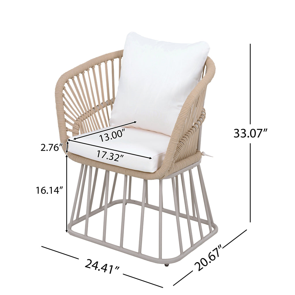 Teak Finish Wicker Outdoor Dining Chair with Steel Frame - Beige