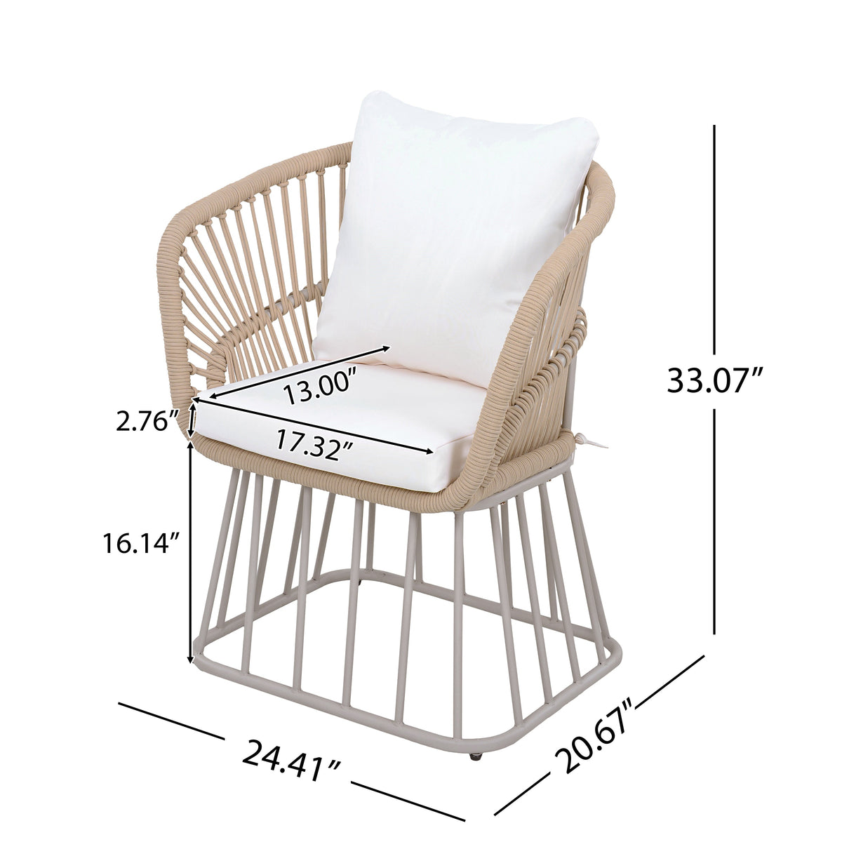 Teak Finish Wicker Outdoor Dining Chair with Steel Frame - Beige