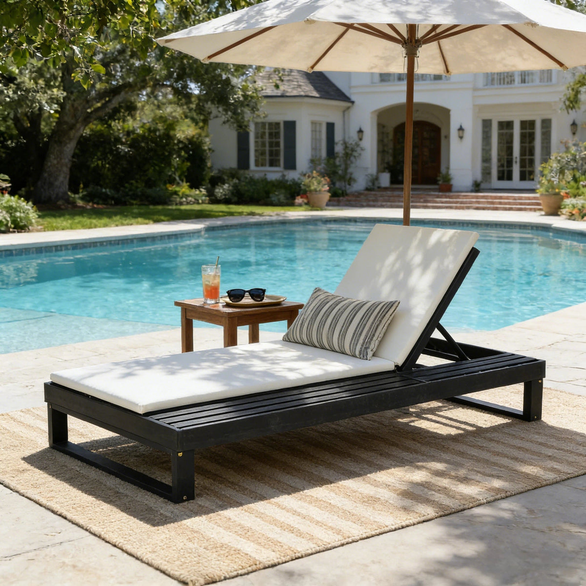 Black Acacia Wood Chaise Lounge with Cushions – Black