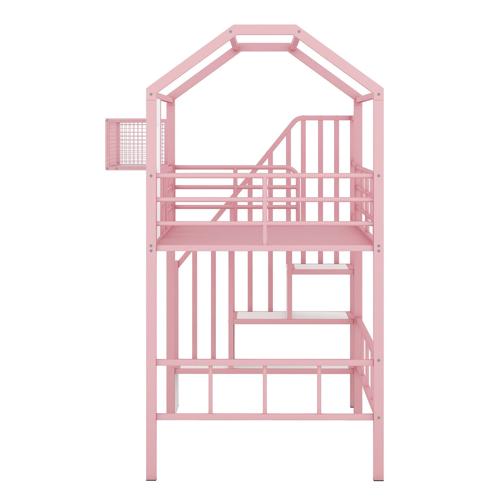 Metal Loft Bed With Roof Design and Storage Box with Guardrails and Integrated Ladder - Twin