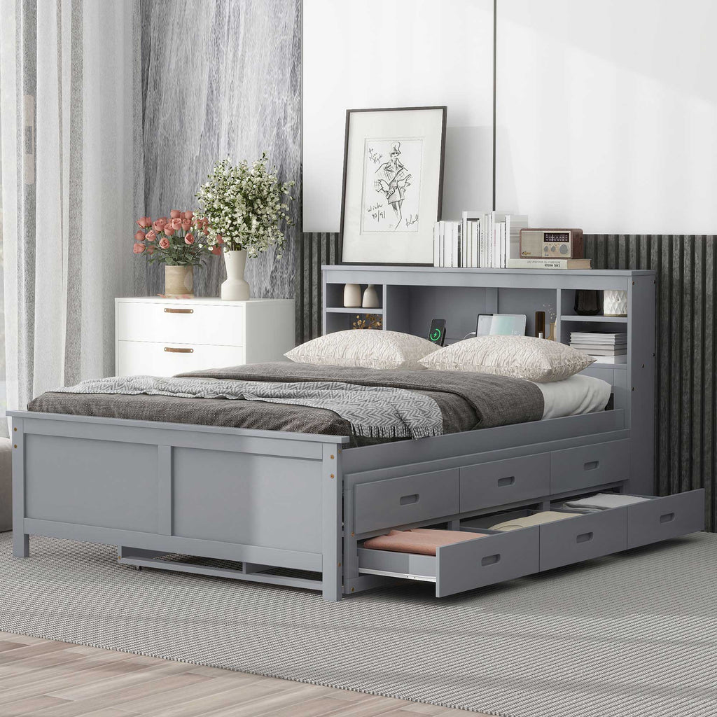 Platform Bed with Storage Headboard, USB, Trundle & 3 Drawers - Twin or Full