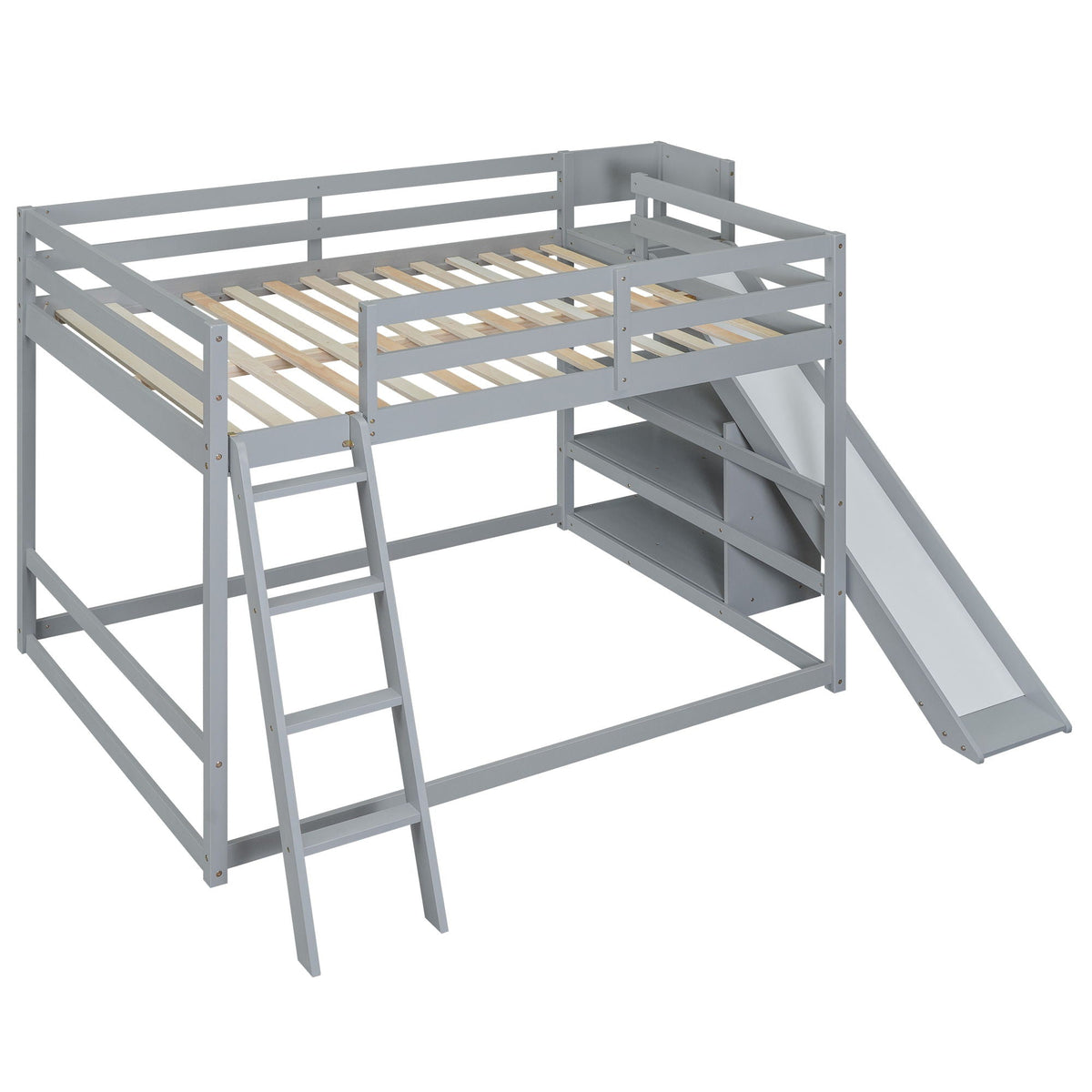 Bunk Bed With Ladder, Slide, and Shelves - Pine Wood, Full Over Full