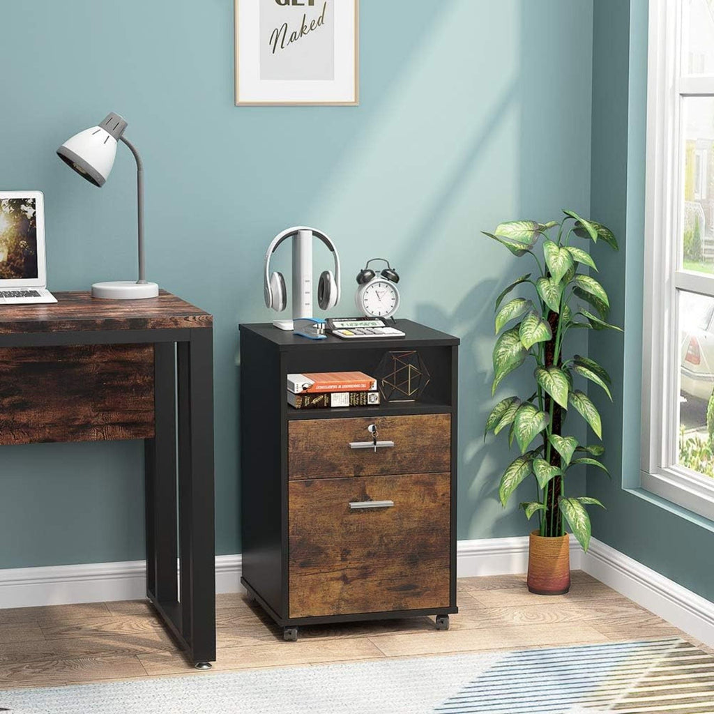2 Drawer Mobile File Cabinet with Lock - Black/Brown