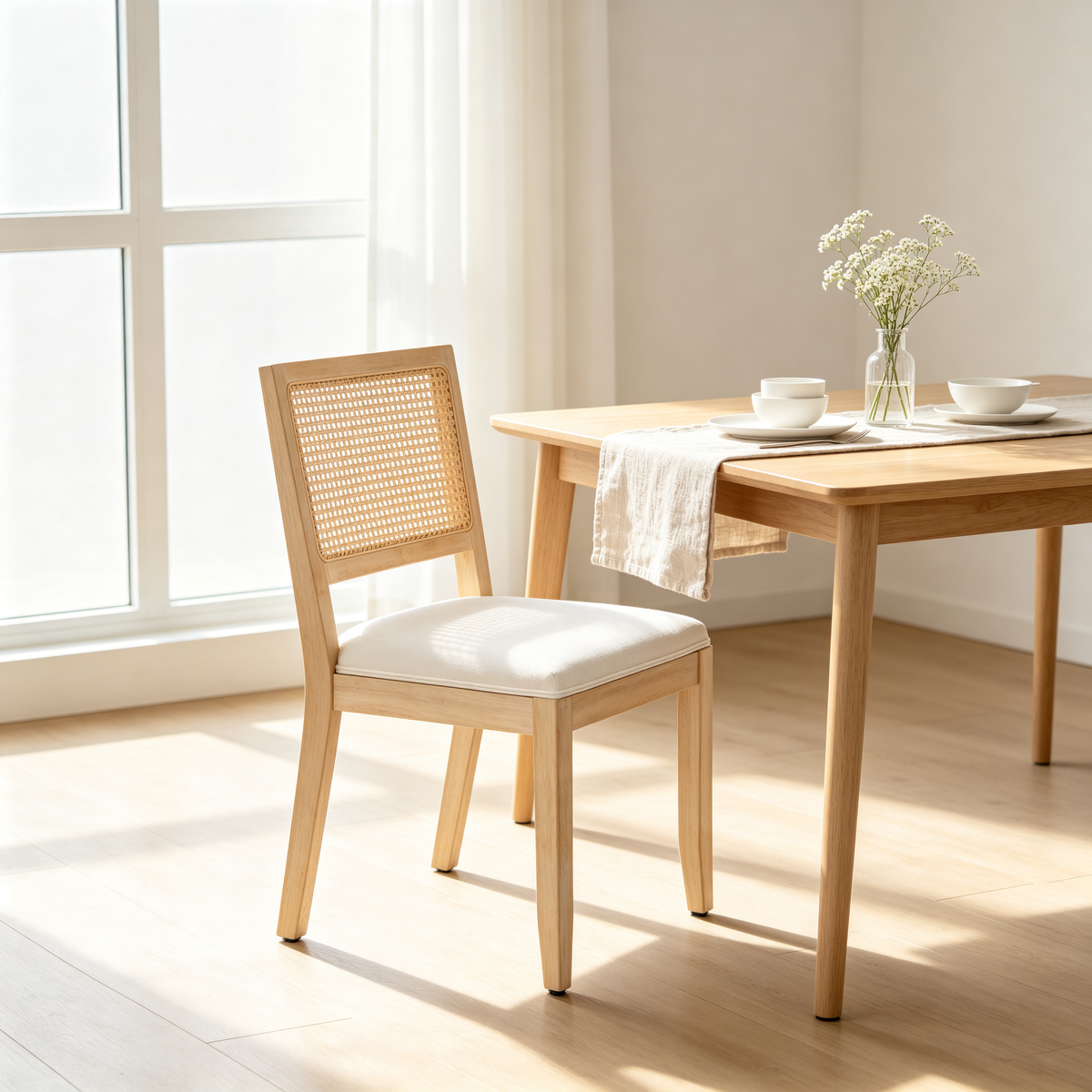 Farmhouse Rattan Dining Chairs Set of 2 with Linen Upholstery - Natural
