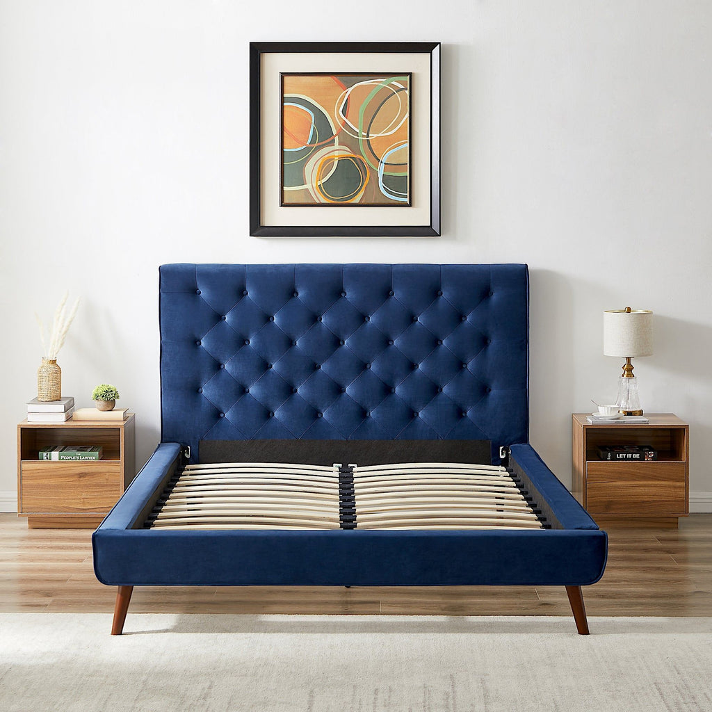 Mid-Century Platform Bed with Tufted Headboard - Blue