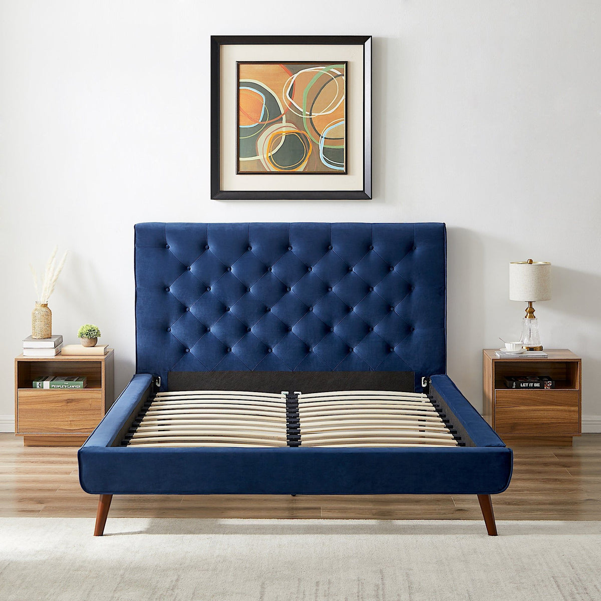 Mid-Century Platform Bed with Tufted Headboard - Blue