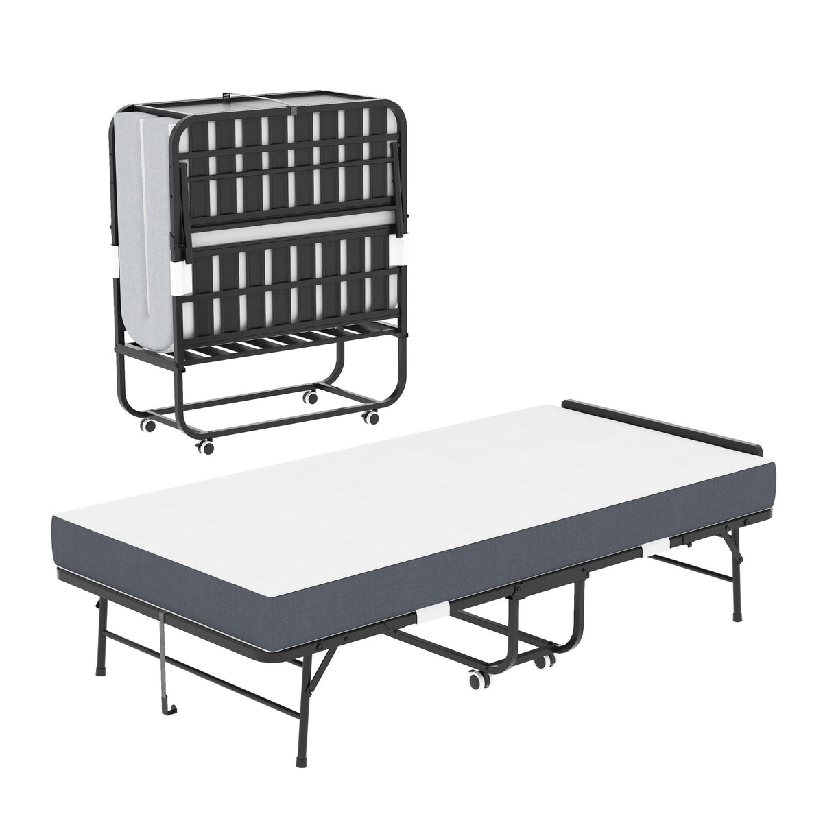 Twin Folding Bed with Adjustable Headboard – Memory Foam, Heavy-Duty Frame, Black