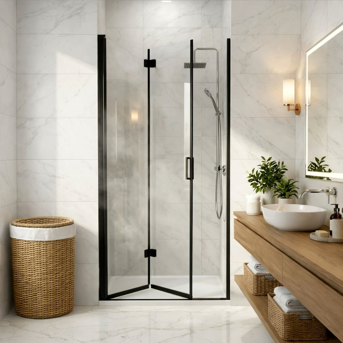 Semi Frameless Bifold Pivot Shower Door with Reversible Installation - Black
