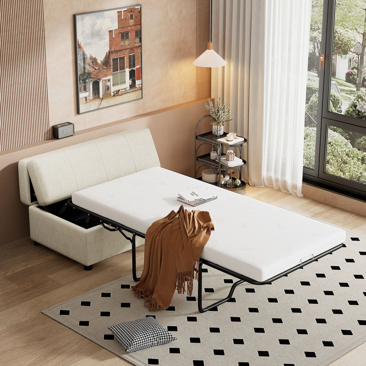 Twin Size Folding Ottoman Sleeper Bed with Mattress - Light Brown, Black, Dark Gray, White