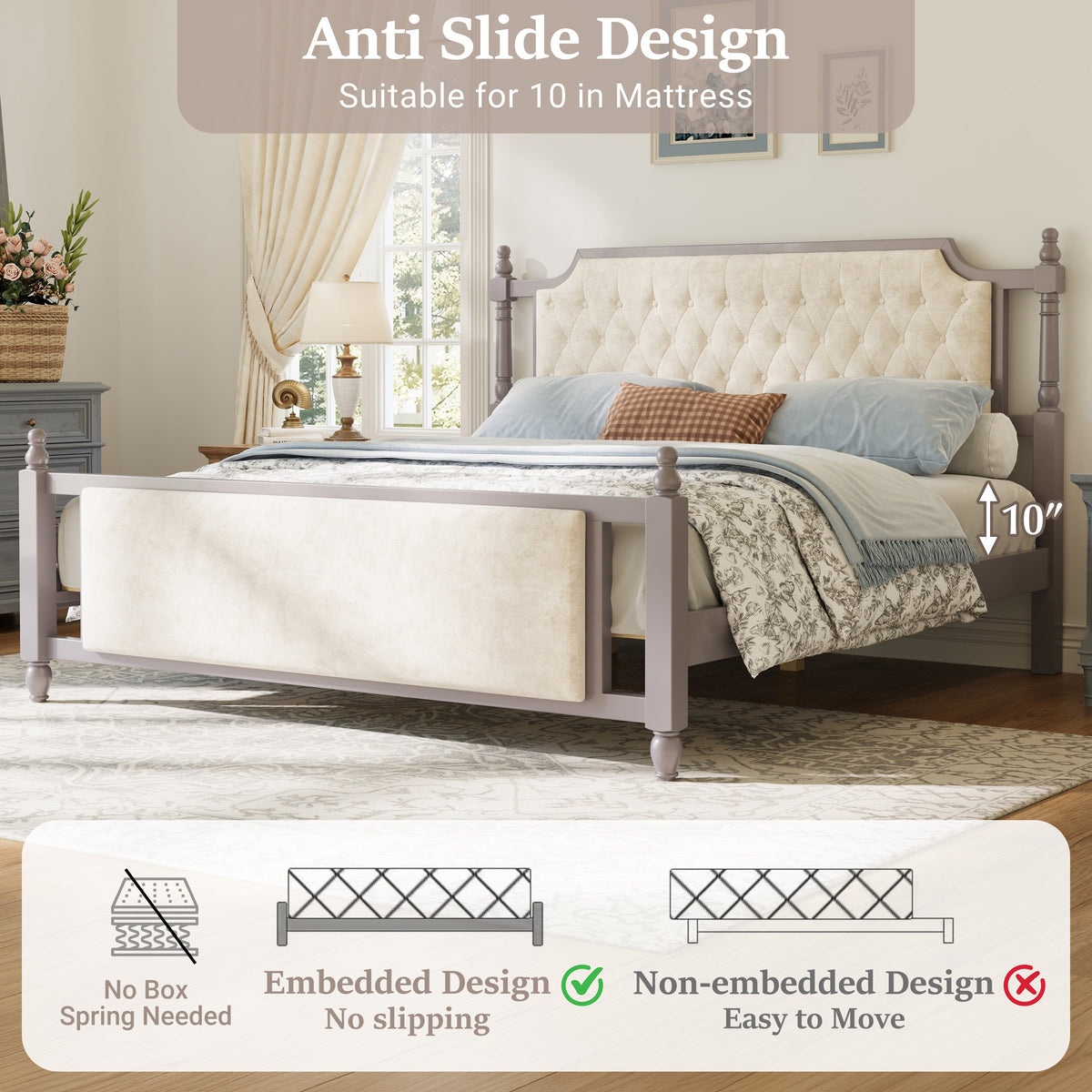 King Size Upholstered Platform Bed with Velvet Button Tufted Headboard