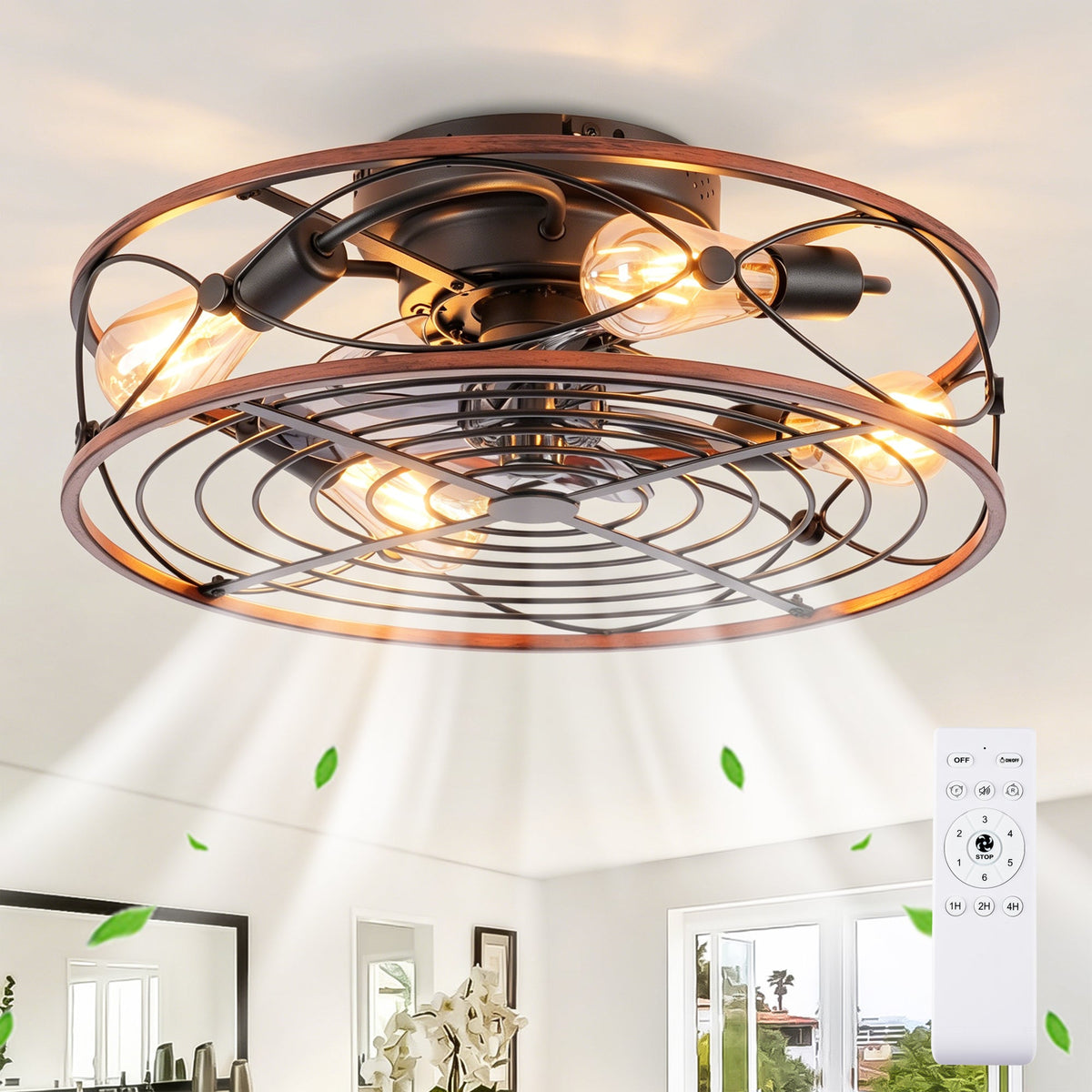 20'' Caged Ceiling Fan with Lights and Remote Control - Matte Black