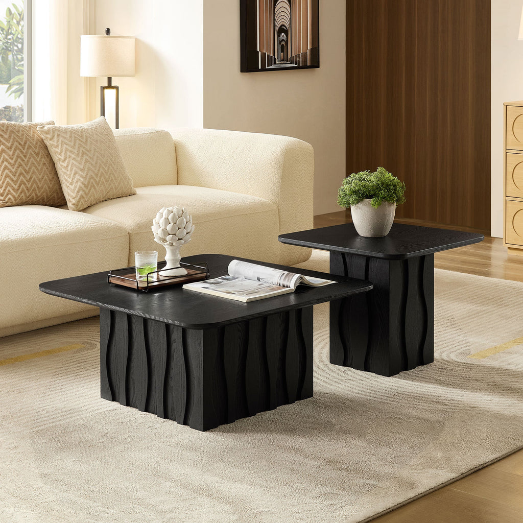Nesting Square Coffee Table Set with Wavy Fluted Base - Wood Veneer