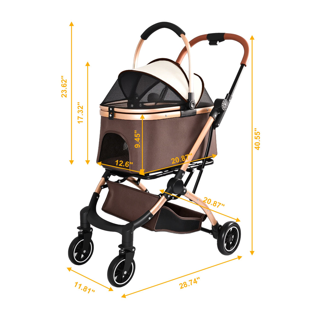2-in-1 Foldable Pet Stroller with Sun Canopy - Khaki & Gold