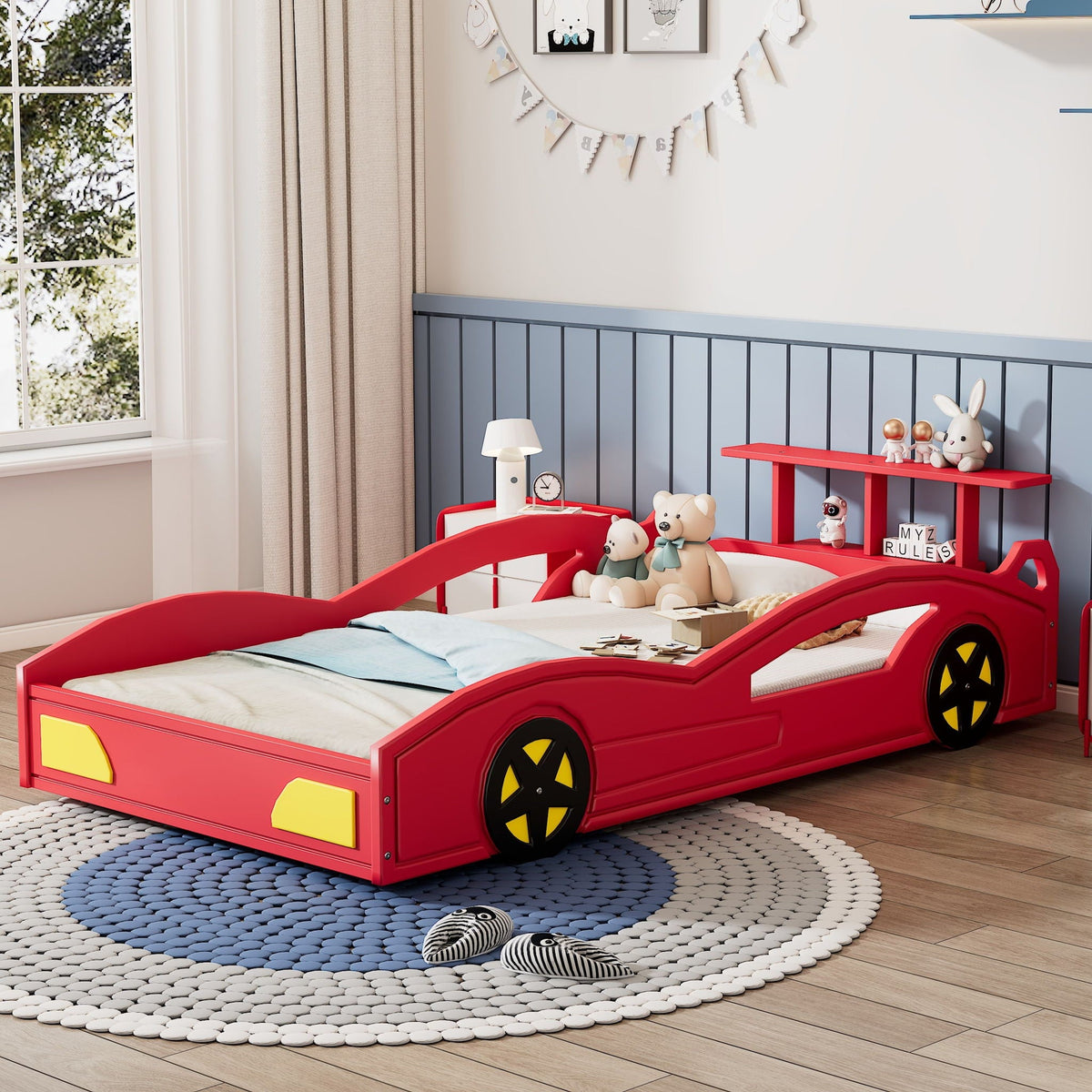 Race Car Platform Bed with Built-In Storage and Side Rails - Twin Size, Red or Blue