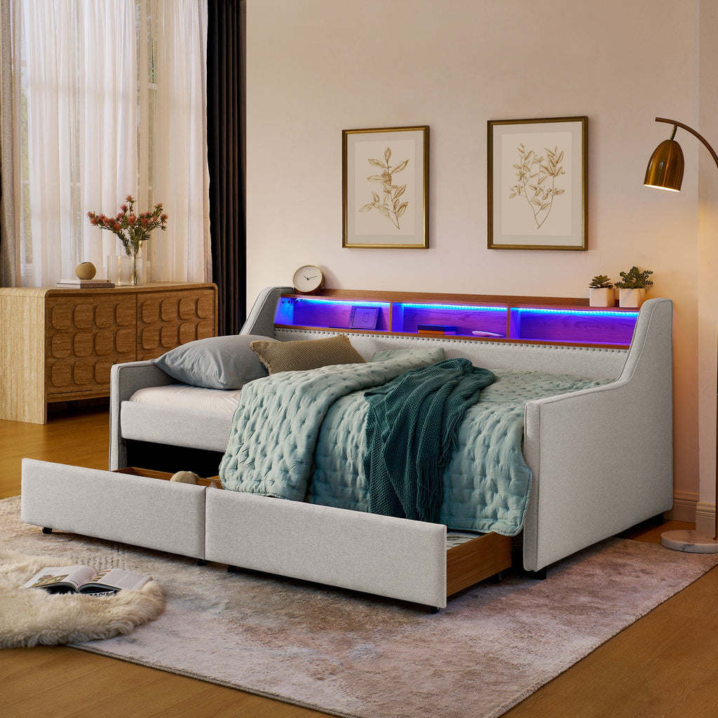 Twin Upholstered Sofa Bed with LED Lights and Storage Drawers - Beige