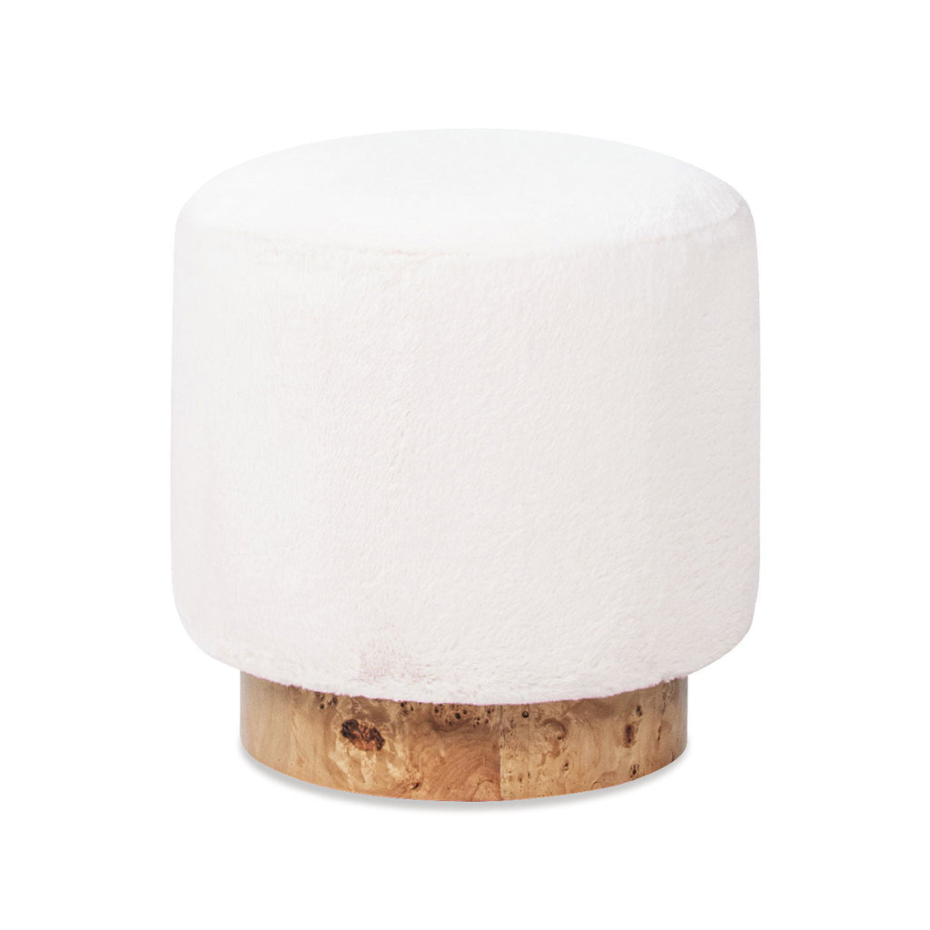 Round Fur Upholstered Pouf Ottoman with Burl Base - White