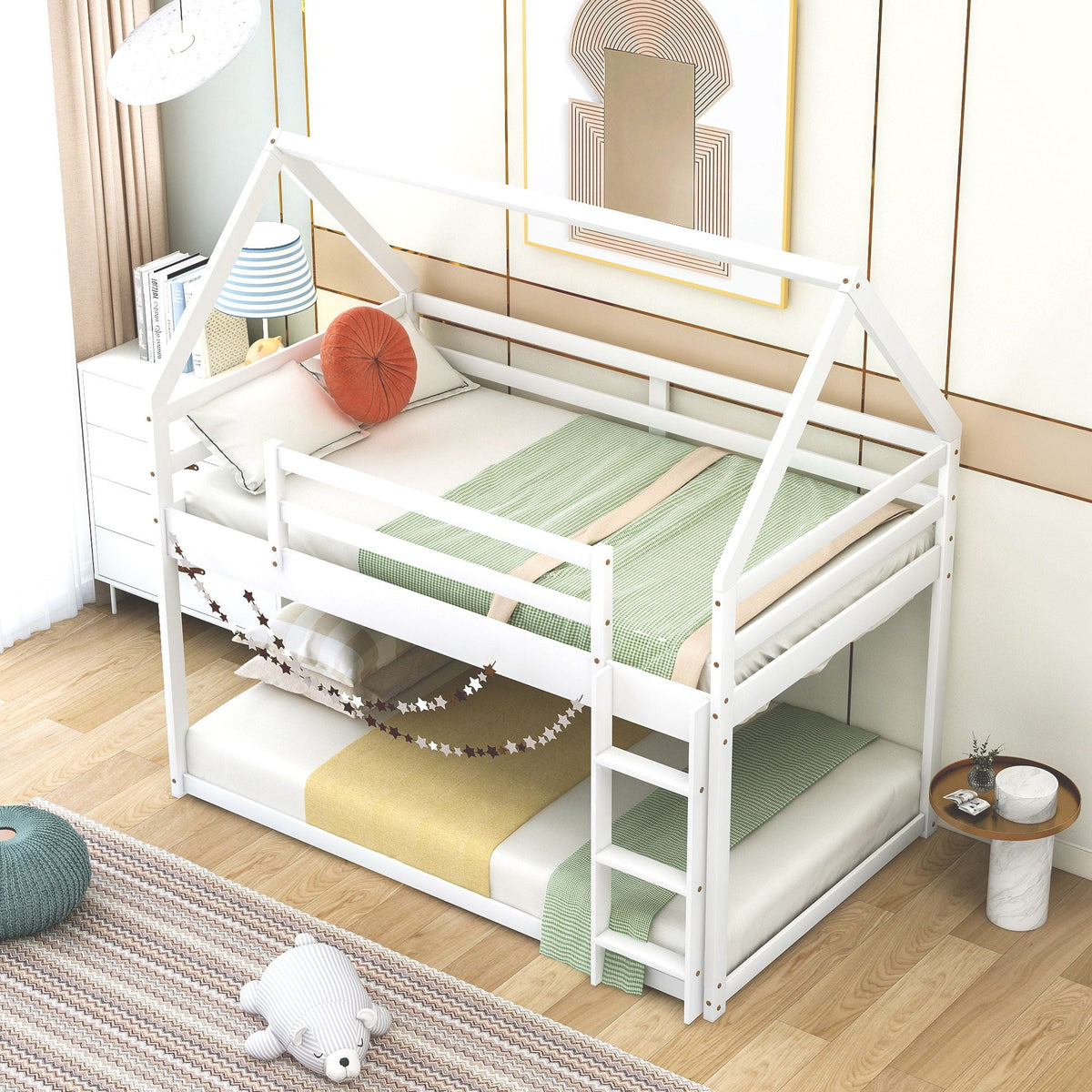 Low Bunk Bed With House Shaped Frame and Ladder - Twin Over Twin