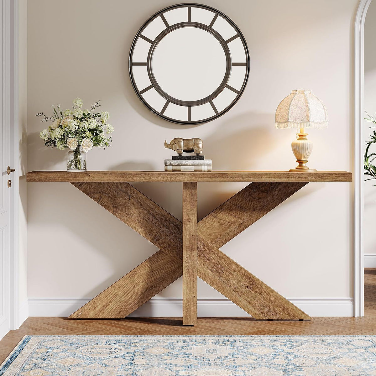 Long Console Table with Geometric Base - Oak