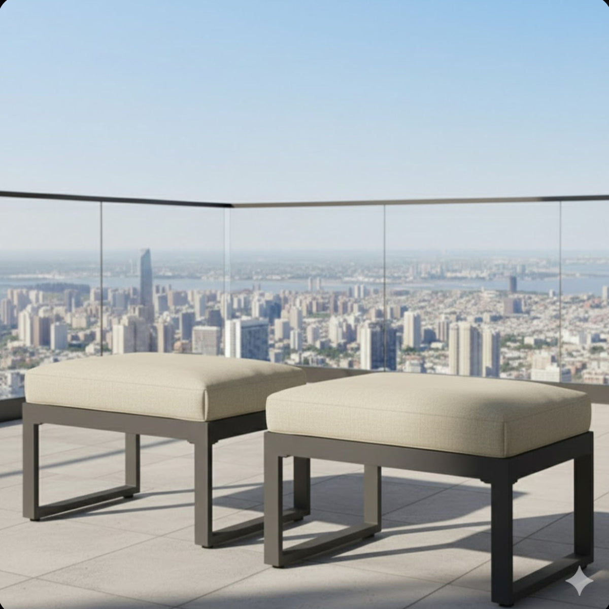All-Weather Patio Ottomans with Thick Cushions - Beige or Dark Gray