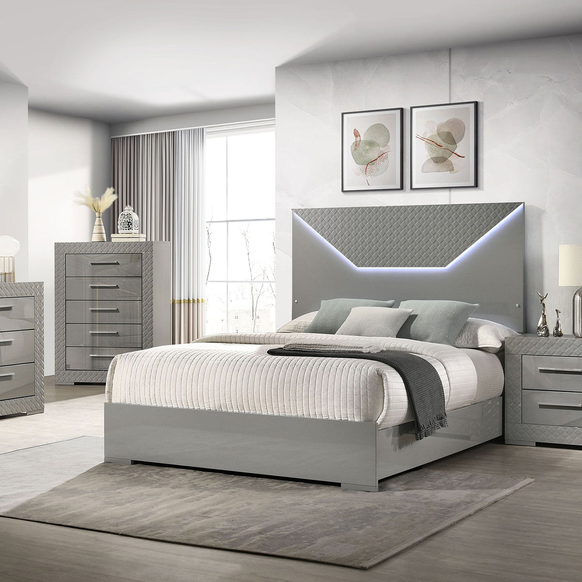 Pierce Panel Bed with LED Headboard - High Gloss Finish - White or Dark Gray