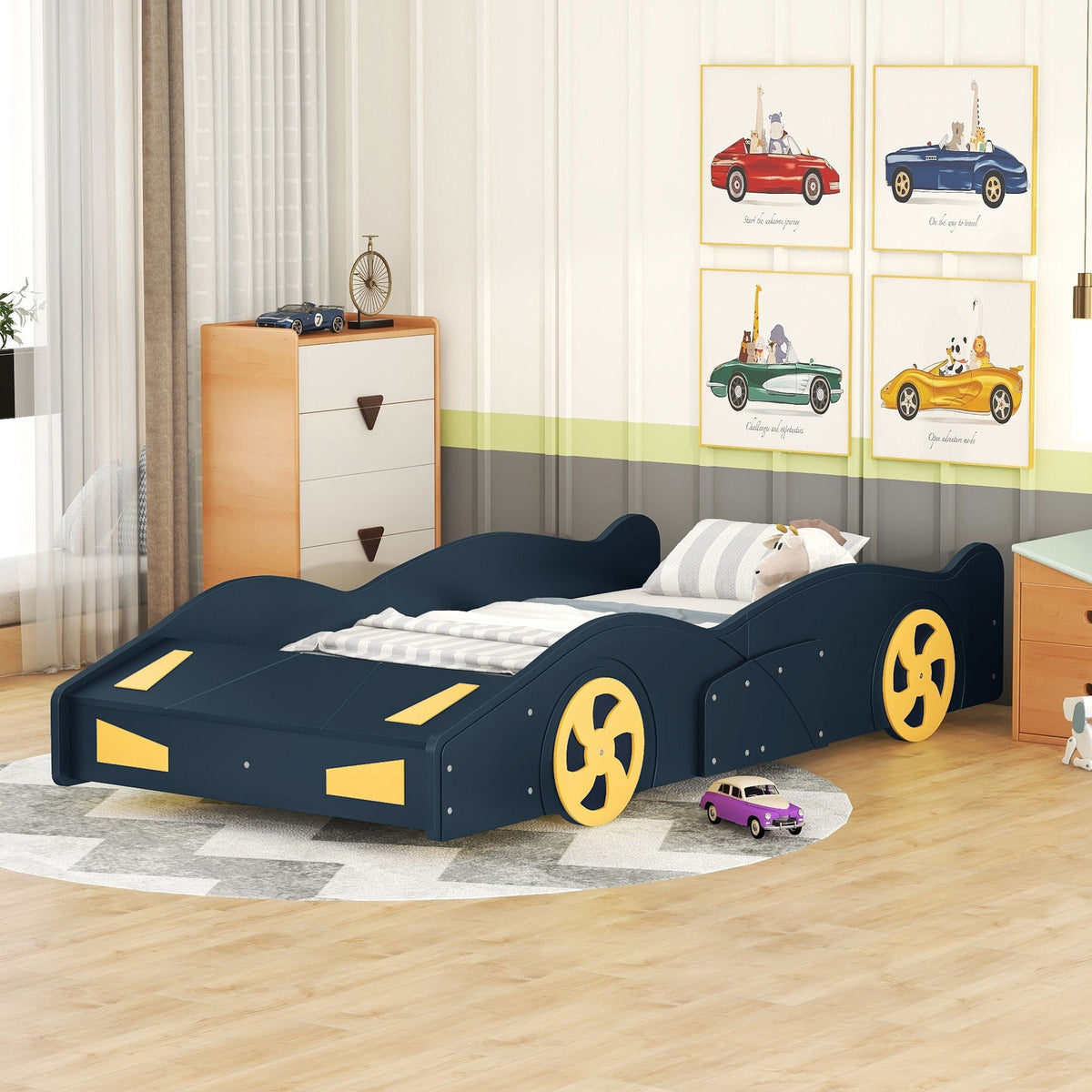 Race Car Platform Bed with Storage and Wheels - Black or Blue