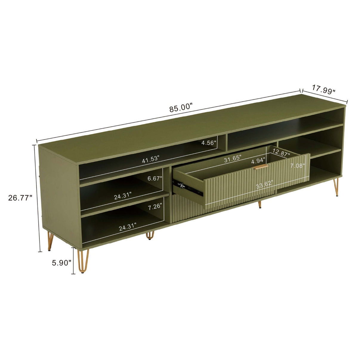 Fluted TV Stand with Storage and Metal Legs - Multiple Colors