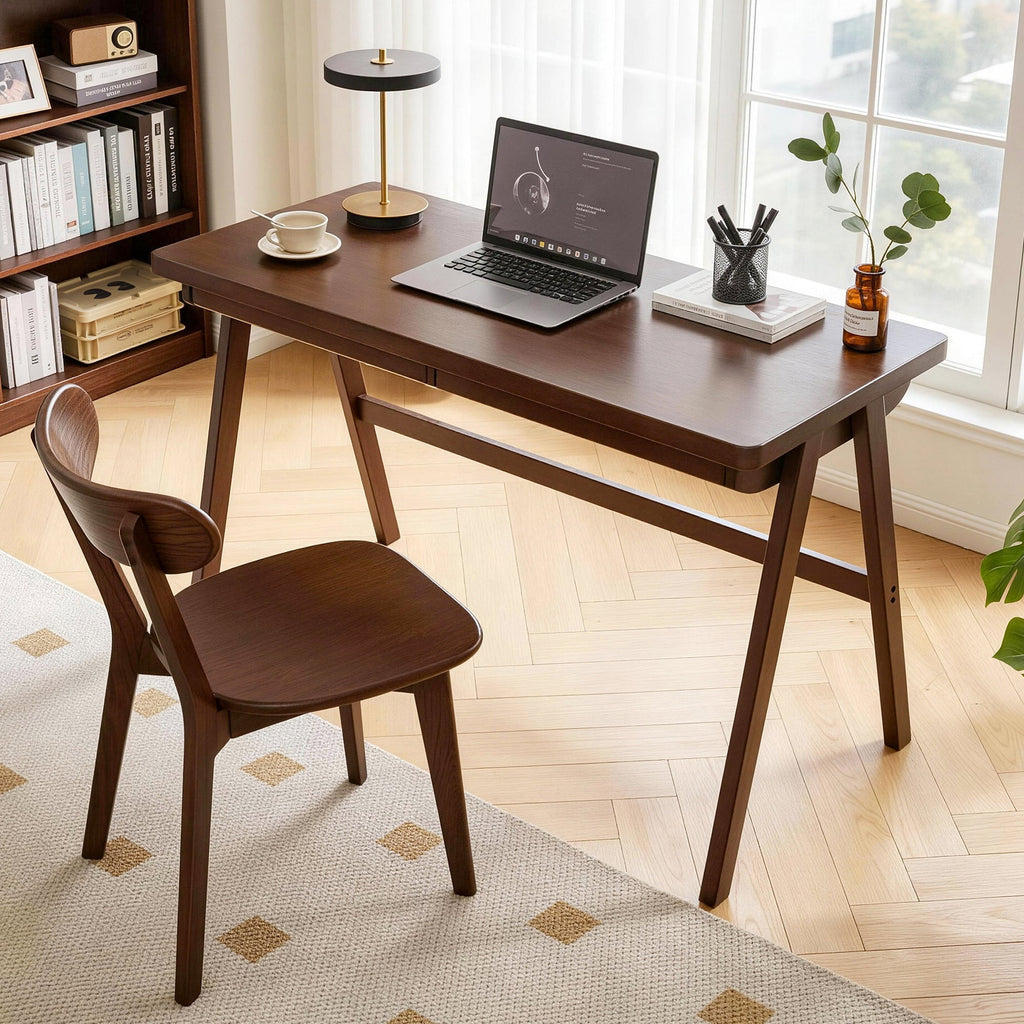 Solid Rubber Wood Computer Desk with Retro Design - Natural Wood