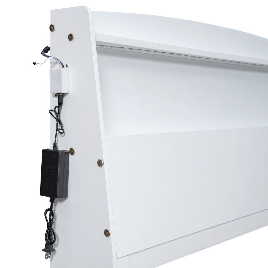 Full Size Platform Bed with Storage LED Headboard and Twin Trundle - White
