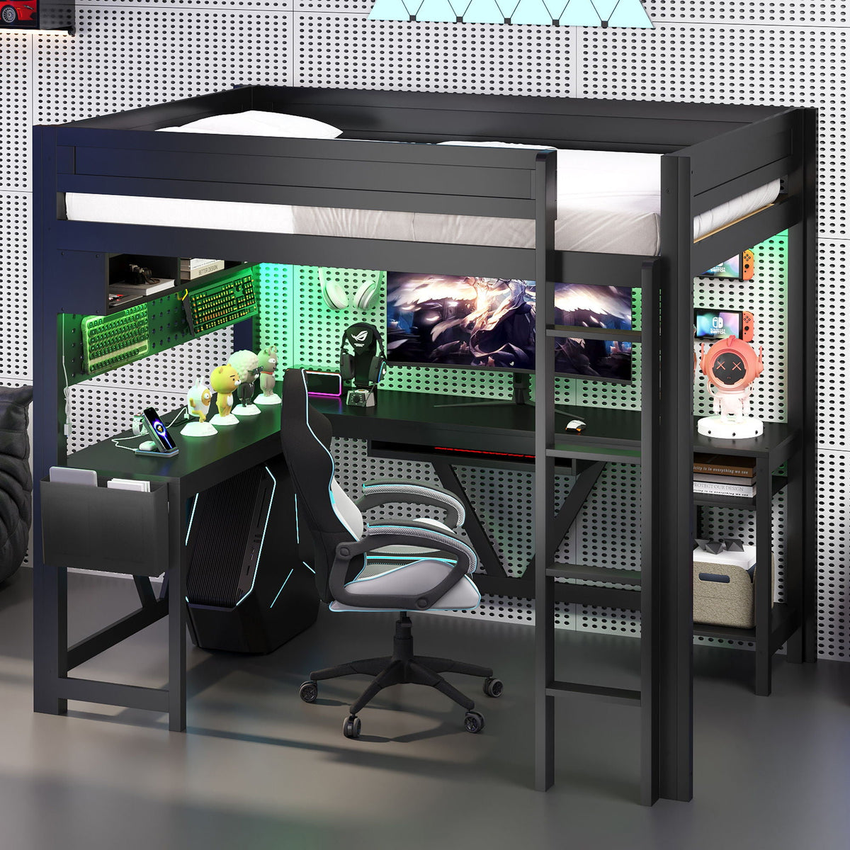 Gaming Loft Bed With Desk, Storage Shelves, LED and Charging Station - Full