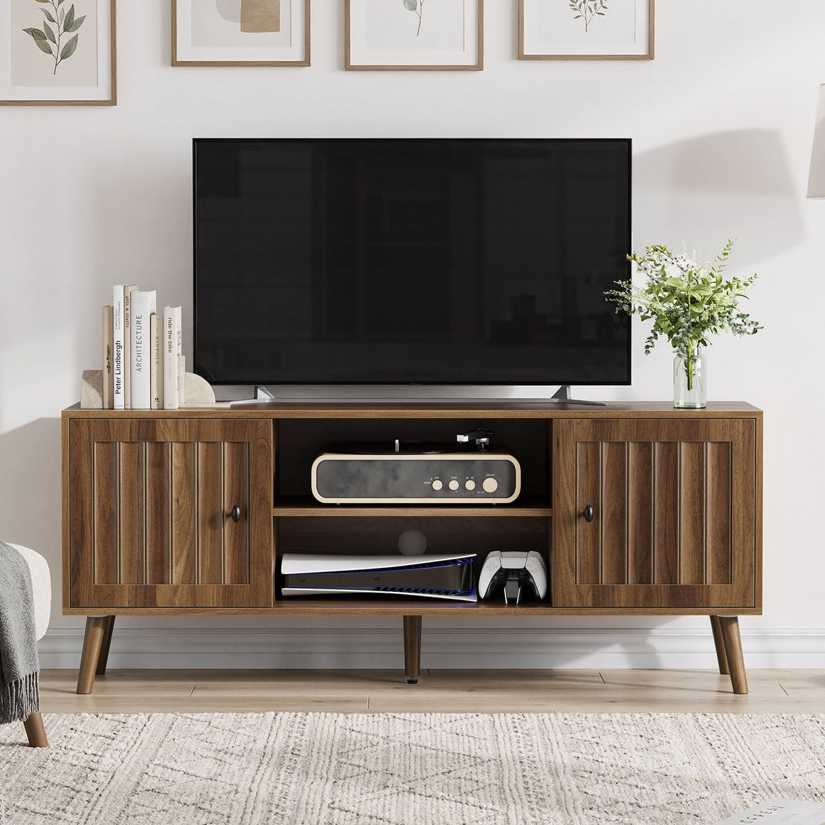 55" TV Cabinet with Vertical Groove Doors & Adjustable Shelves - Walnut