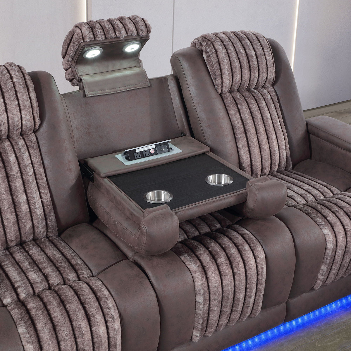 Power Reclining Sofa with Power Headrest and Drop Down Table - Black, Dark Brown, or Dark Gray