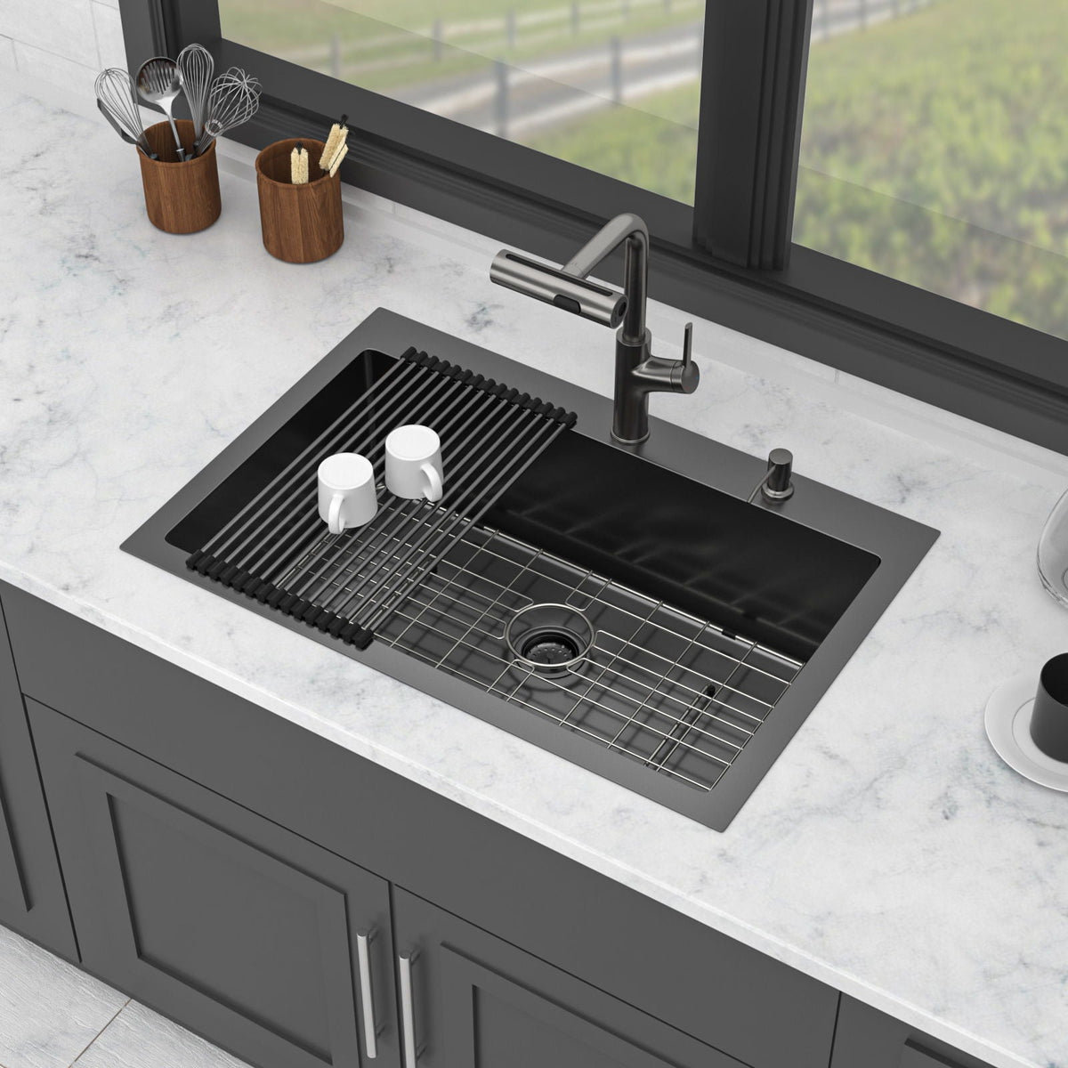 Stainless Steel Drop-In Kitchen Sink with Multi-Function Faucet - Black