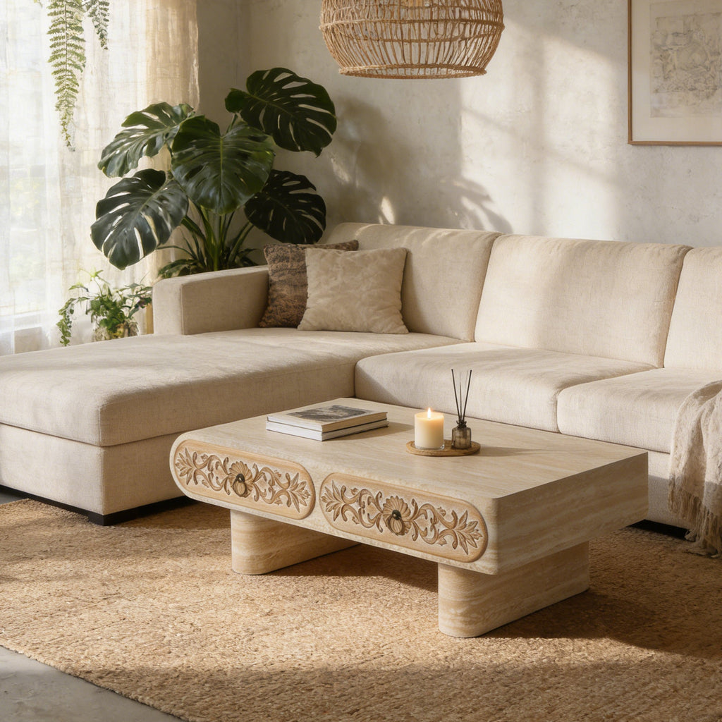 Rounded Edge Coffee Table with Solid Wood Drawer - Flower Pattern