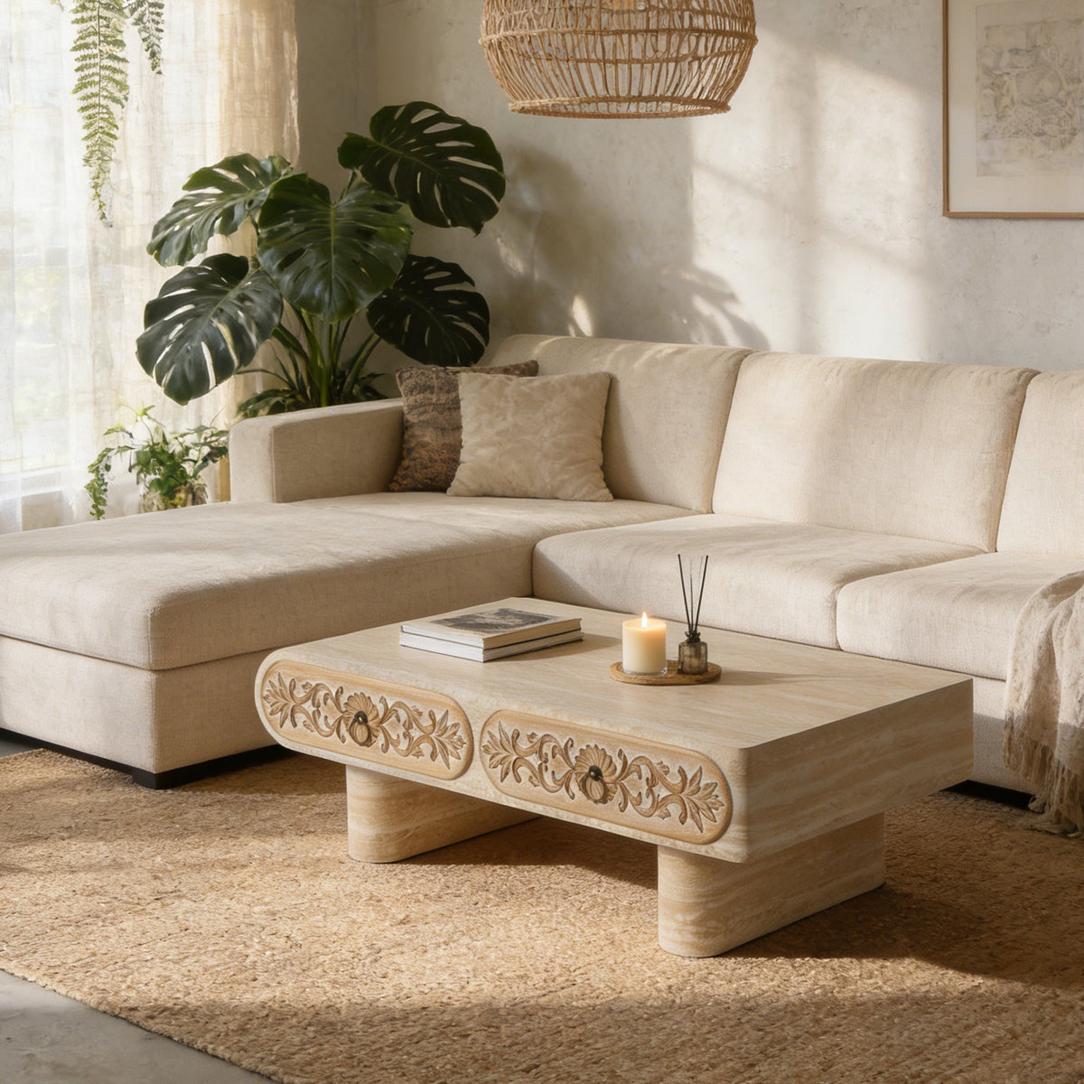 Rounded Edge Coffee Table with Solid Wood Drawer - Flower Pattern