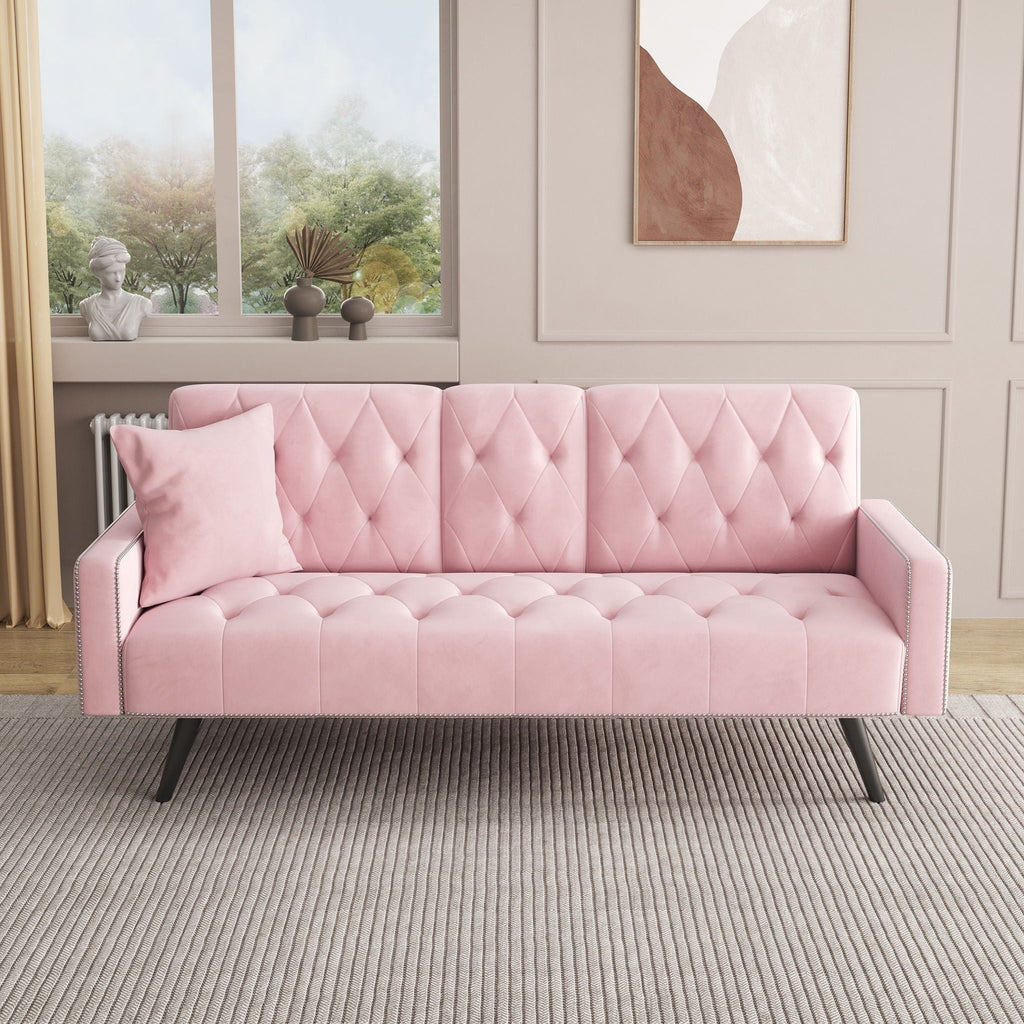 Sofa Bed with Nail Head Trim and Cup Holders - Pink